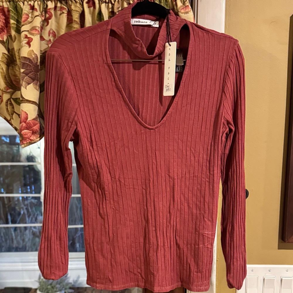 Red Haute Deep Red Ribbed Long Sleeve Top
